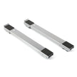 Two metal drawer slides on a white background