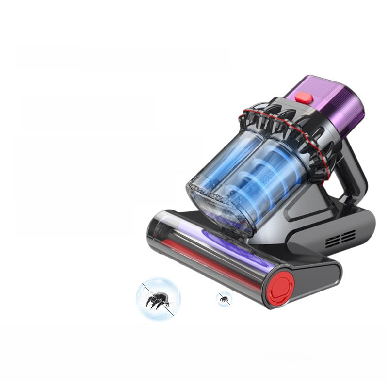 Handheld vacuum cleaner with purple and red accents on a white background