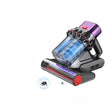 Handheld vacuum cleaner with purple and red accents on a white background