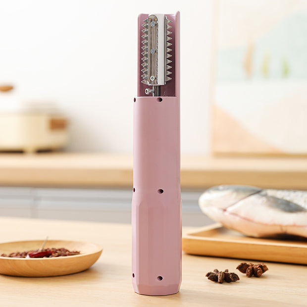 Pink kitchen tool on a wooden surface with blurred background