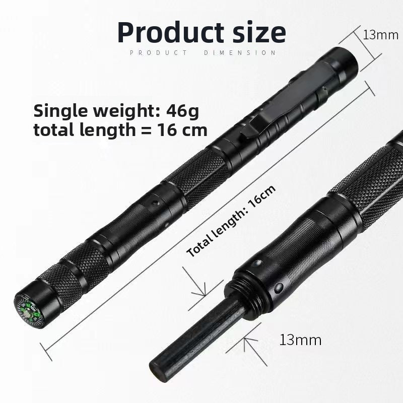 Black self-defense weapon with measurements on a white background