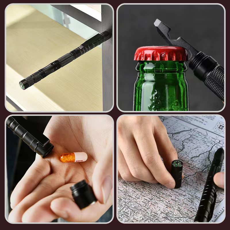 Collage of a black pen with various uses including opening a bottle, holding pills, and lying on a map.