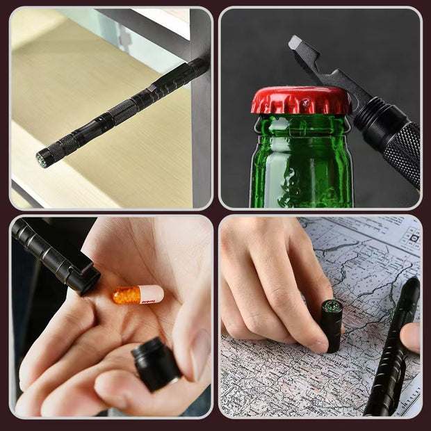 Collage of a black pen with various uses including opening a bottle, holding pills, and lying on a map.