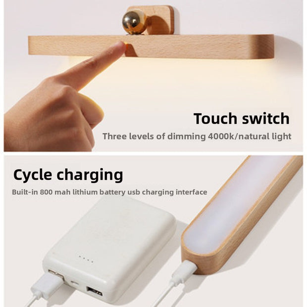 Light fixture with touch switch and battery pack, highlighting features like dimming levels and USB charging.