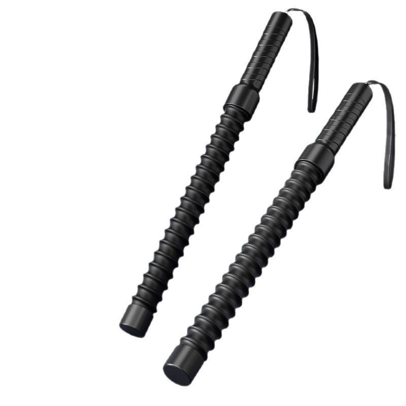 Two black metal bullwhips on a white background