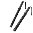 Two black metal bullwhips on a white background