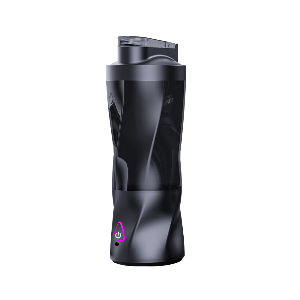 Black water bottle with a unique design on a white background