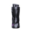 Black water bottle with a unique design on a white background