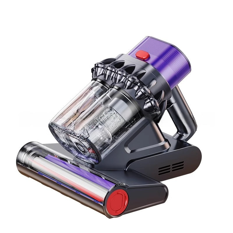 Handheld vacuum cleaner with purple and red accents on a white background