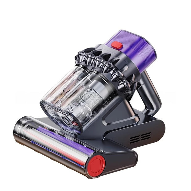 Handheld vacuum cleaner with purple and red accents on a white background