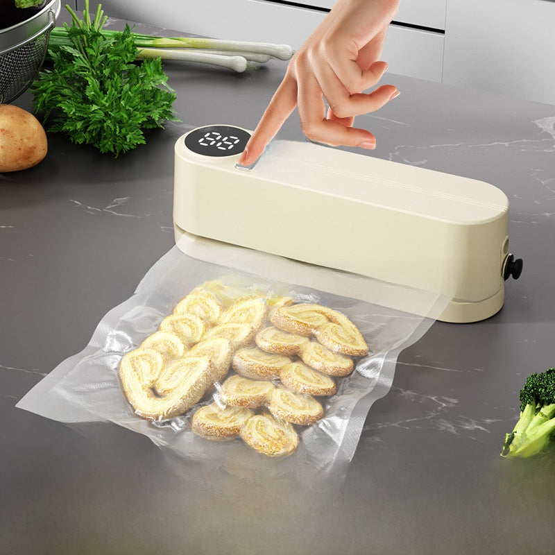 Vacuum sealer packaging cookies on a kitchen counter with a hand interacting with it.