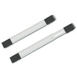 Two white metal brackets with black rubber bands on a white background
