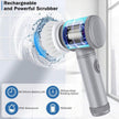Rechargeable scrubber with water splash graphic and feature icons on a tiled bathroom background
