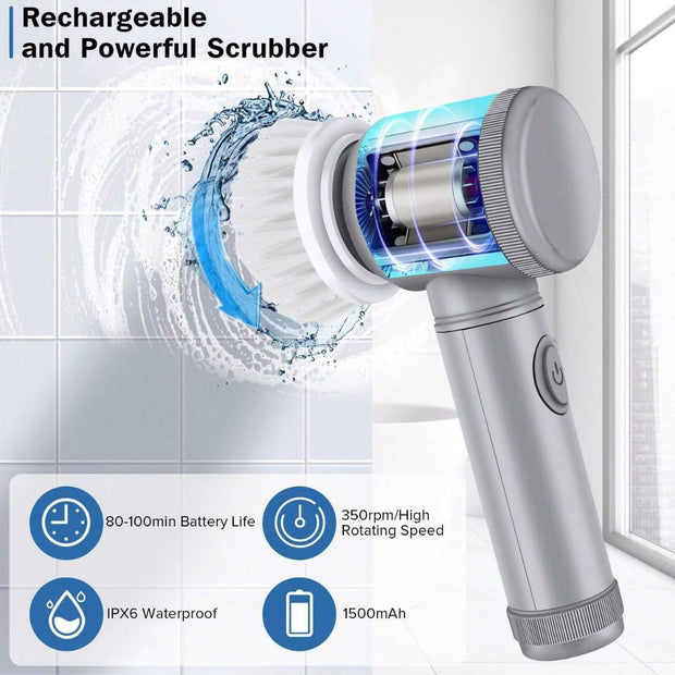 Rechargeable scrubber with water splash graphic and feature icons on a tiled bathroom background