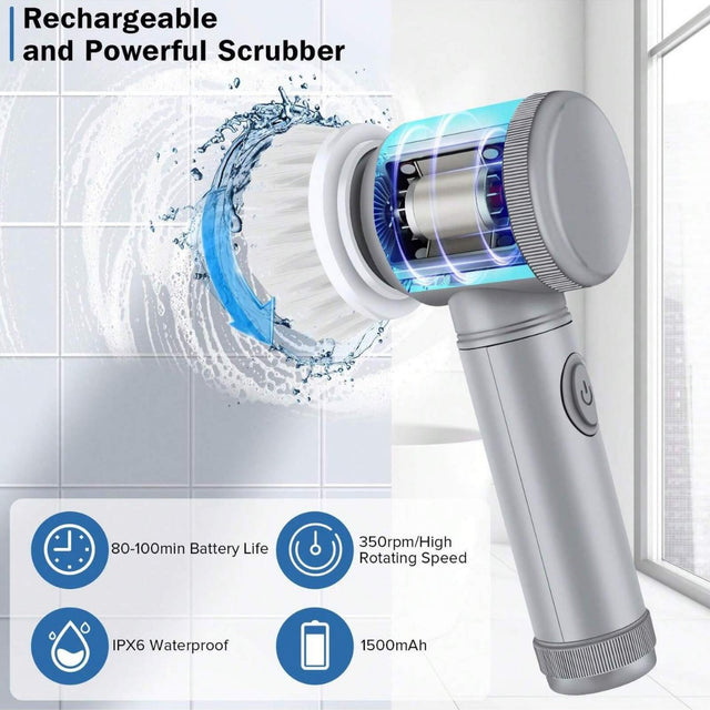 Rechargeable scrubber with water splash graphic and feature icons on a tiled bathroom background