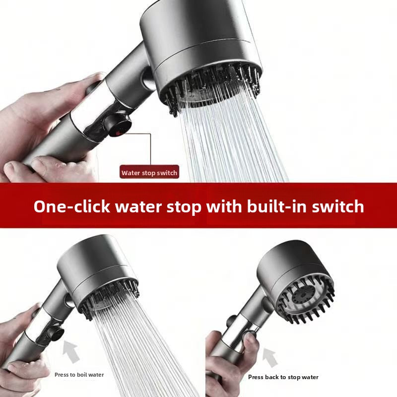 Shower head with water stop switch feature, showing water flow and switch mechanism.