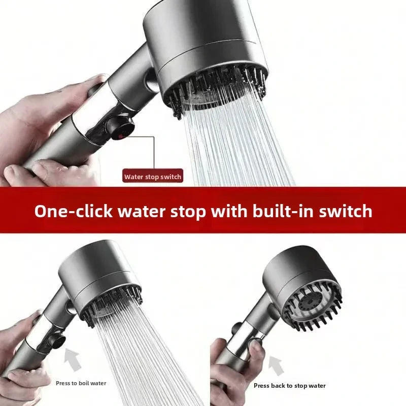 Shower head with water stop switch feature, showing water flow and switch mechanism.