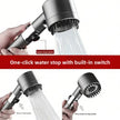 Shower head with water stop switch feature, showing water flow and switch mechanism.