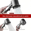 Shower head with water stop switch feature, showing water flow and switch mechanism.