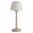 Beige table lamp with a white shade on a white background