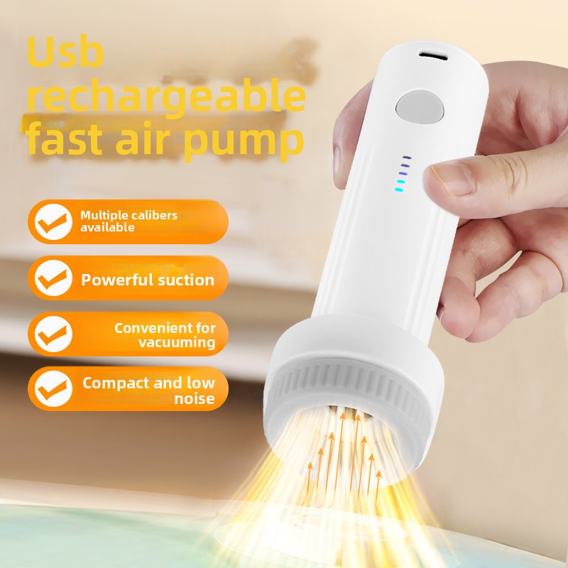 Hand holding a USB rechargeable air pump with features listed on screen