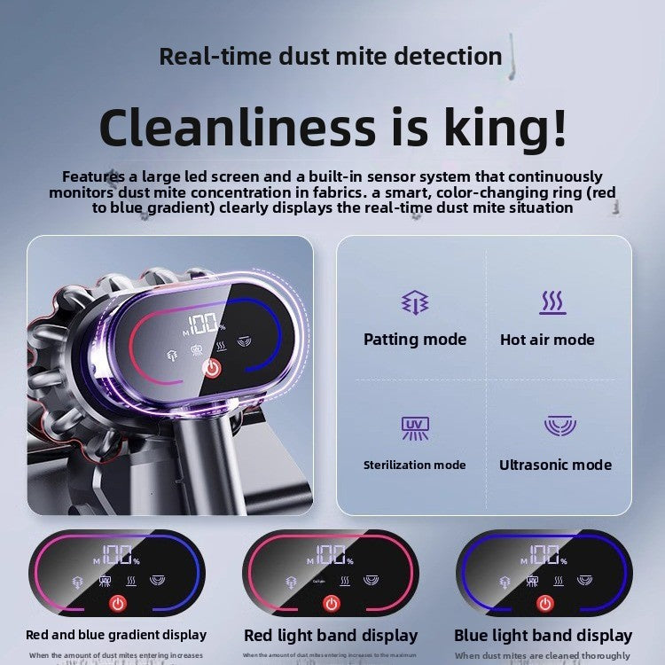 Dust mite detection device with LED screen and mode indicators on a gray background