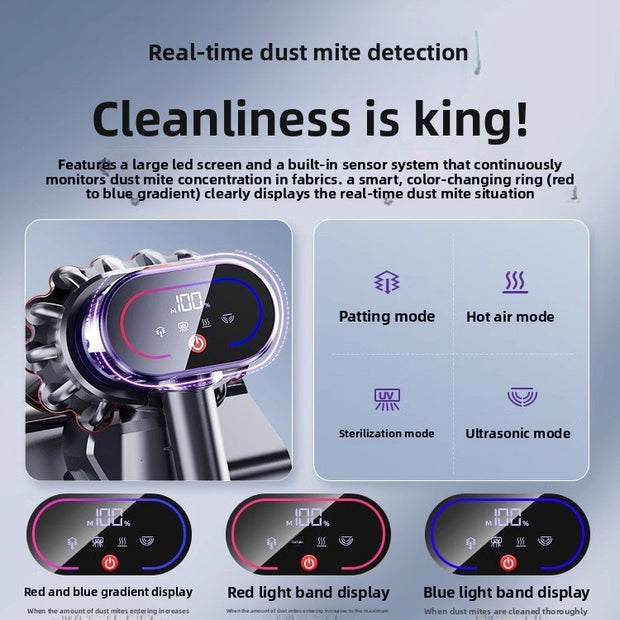 Dust mite detection device with LED screen and mode indicators on a gray background