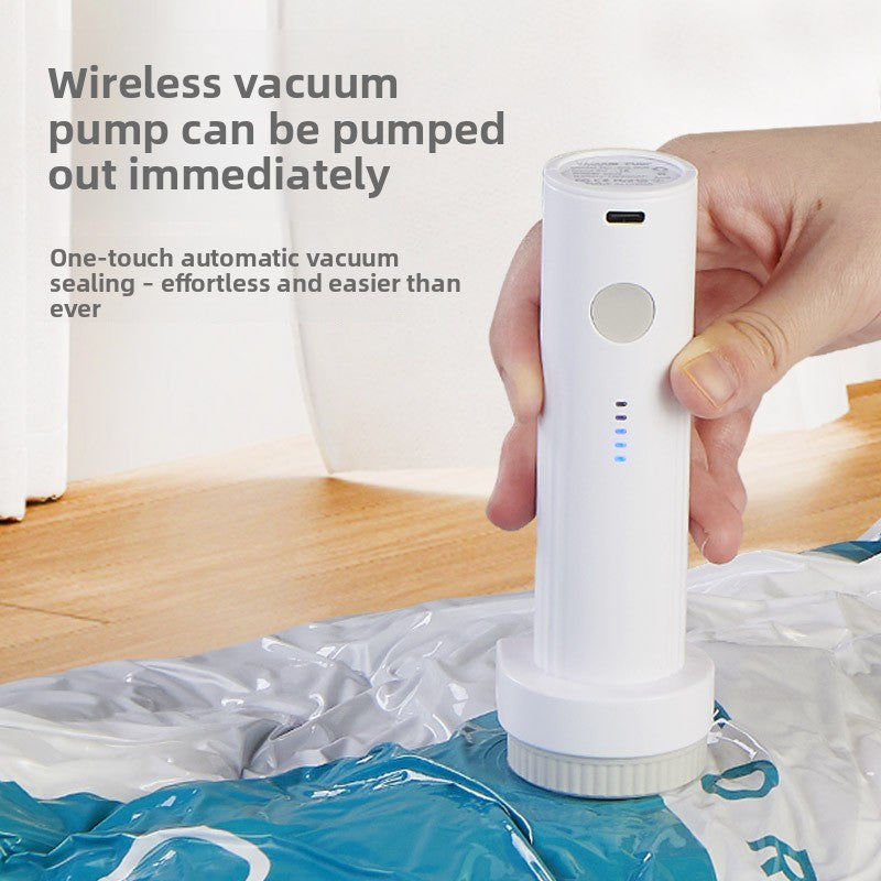 Hand using a white wireless vacuum pump on a plastic bag with text about its features.