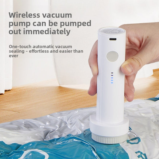 Hand using a white wireless vacuum pump on a plastic bag with text about its features.