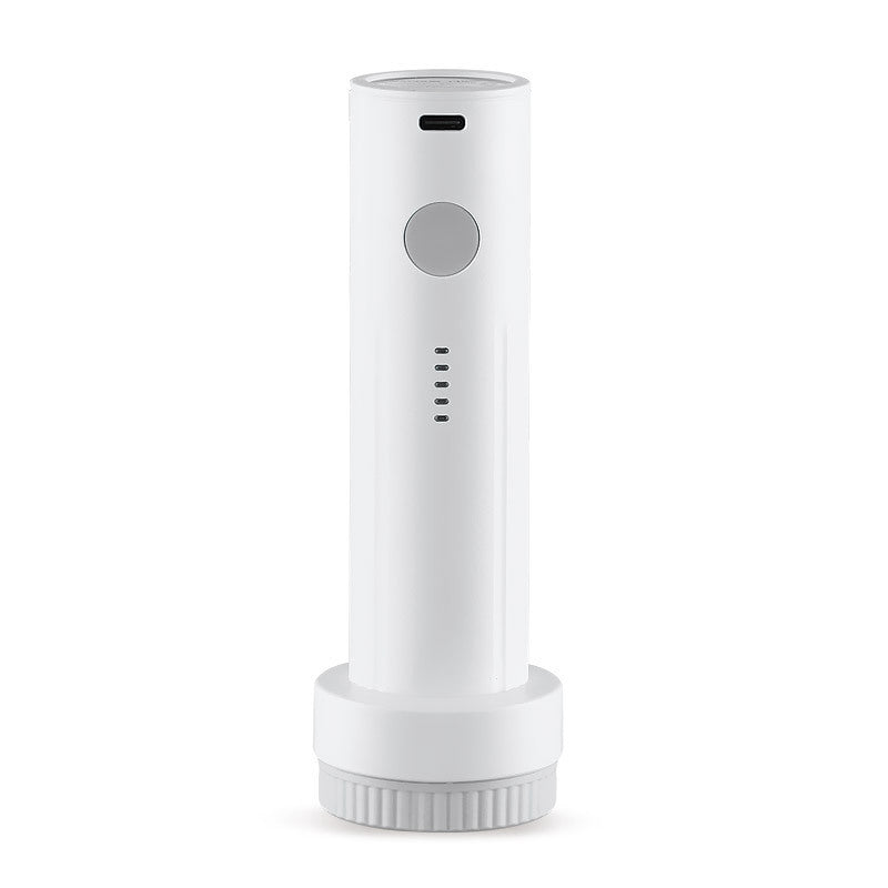 White electronic device with a cylindrical shape on a white background