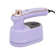 Purple handheld device with a black base on a white background