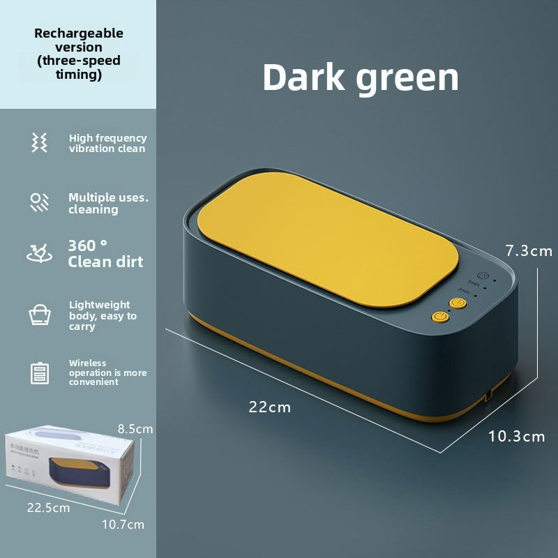 Dark green cleaning device with yellow pad, specifications on the left, on a dark background