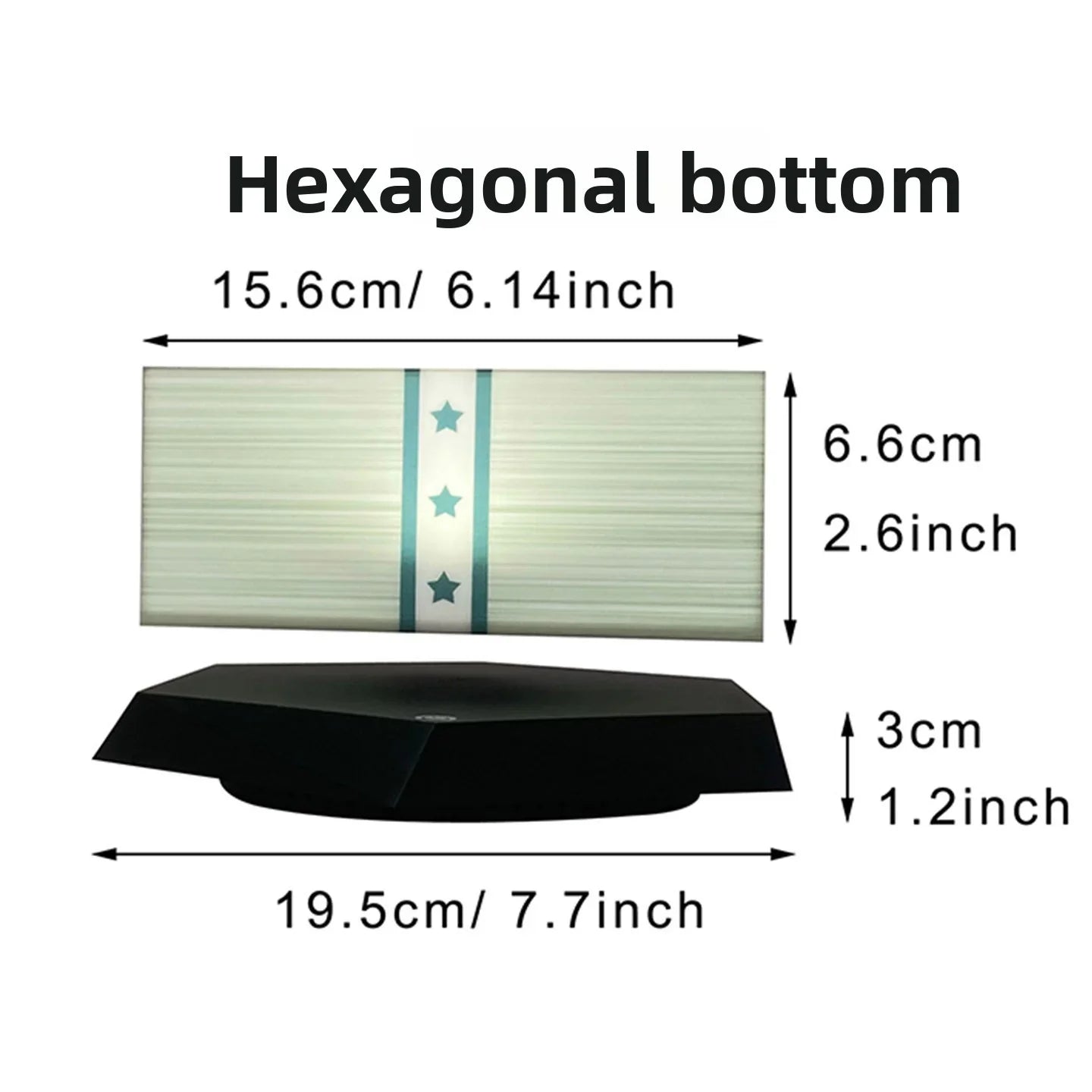 Hexagonal bottom smart home device with dimensions, modern design for easy living