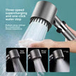 Handheld shower head with three spray modes on a teal background