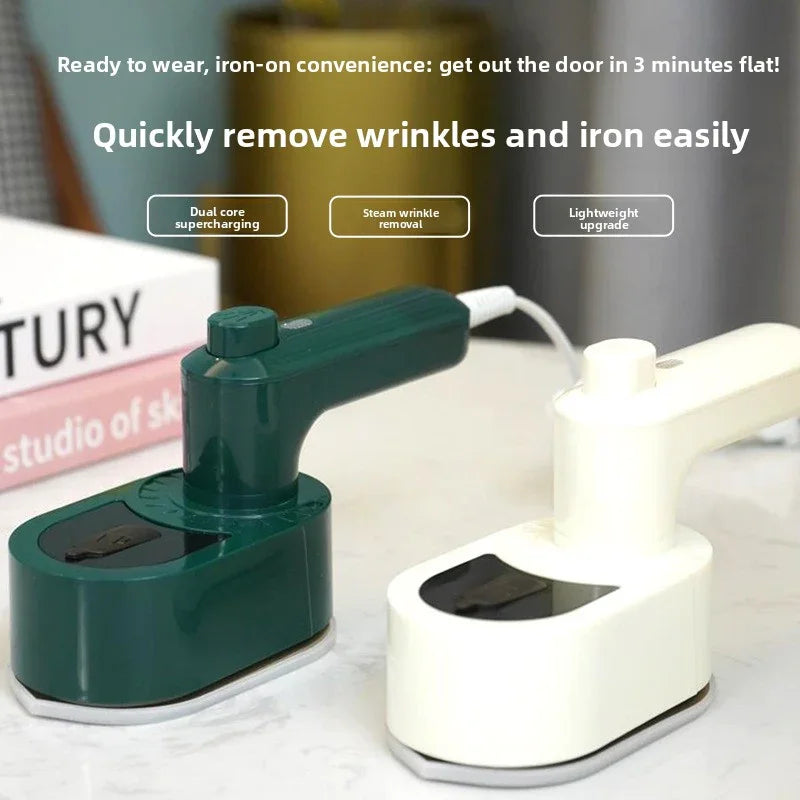 Two handheld ironing devices with text highlighting features on a blurred background.