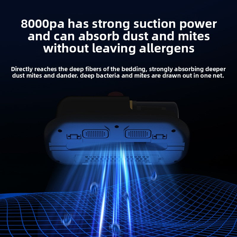 Cleaning device with text about strong suction power and allergen removal on a dark background