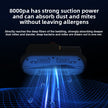 Cleaning device with text about strong suction power and allergen removal on a dark background