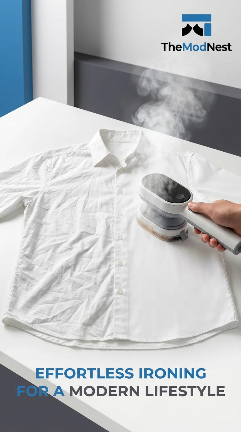 Person using a steamer on a white shirt with 'The Mod Nest' branding.