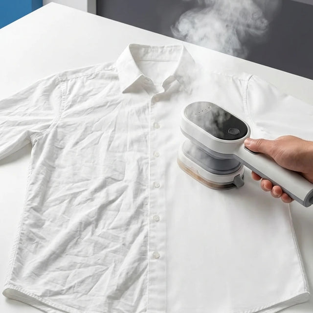 Person using a steamer on a white shirt with 'The Mod Nest' branding.