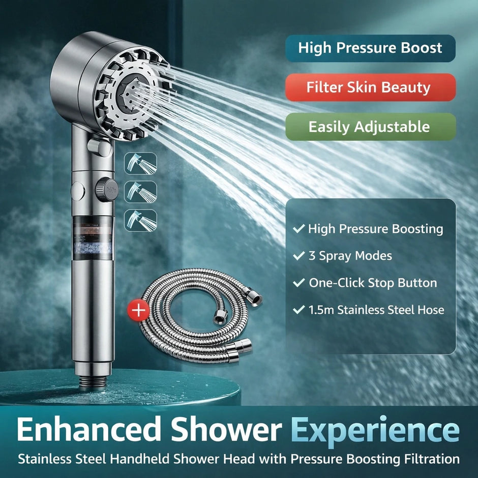 Stainless steel handheld shower head with pressure boosting filtration on a dark background