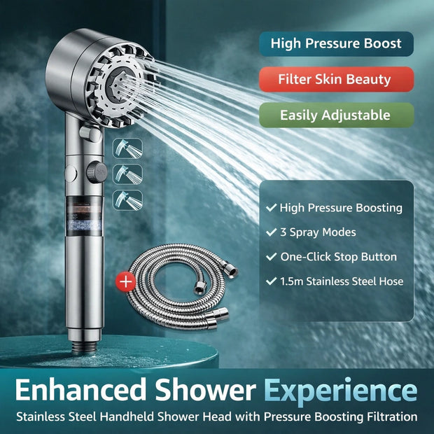 Stainless steel handheld shower head with pressure boosting filtration on a dark background