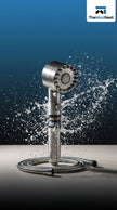Shower head with water spraying against a dark background, featuring TheModNest logo.
