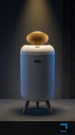 Modern speaker with a ribbed design on a dark background