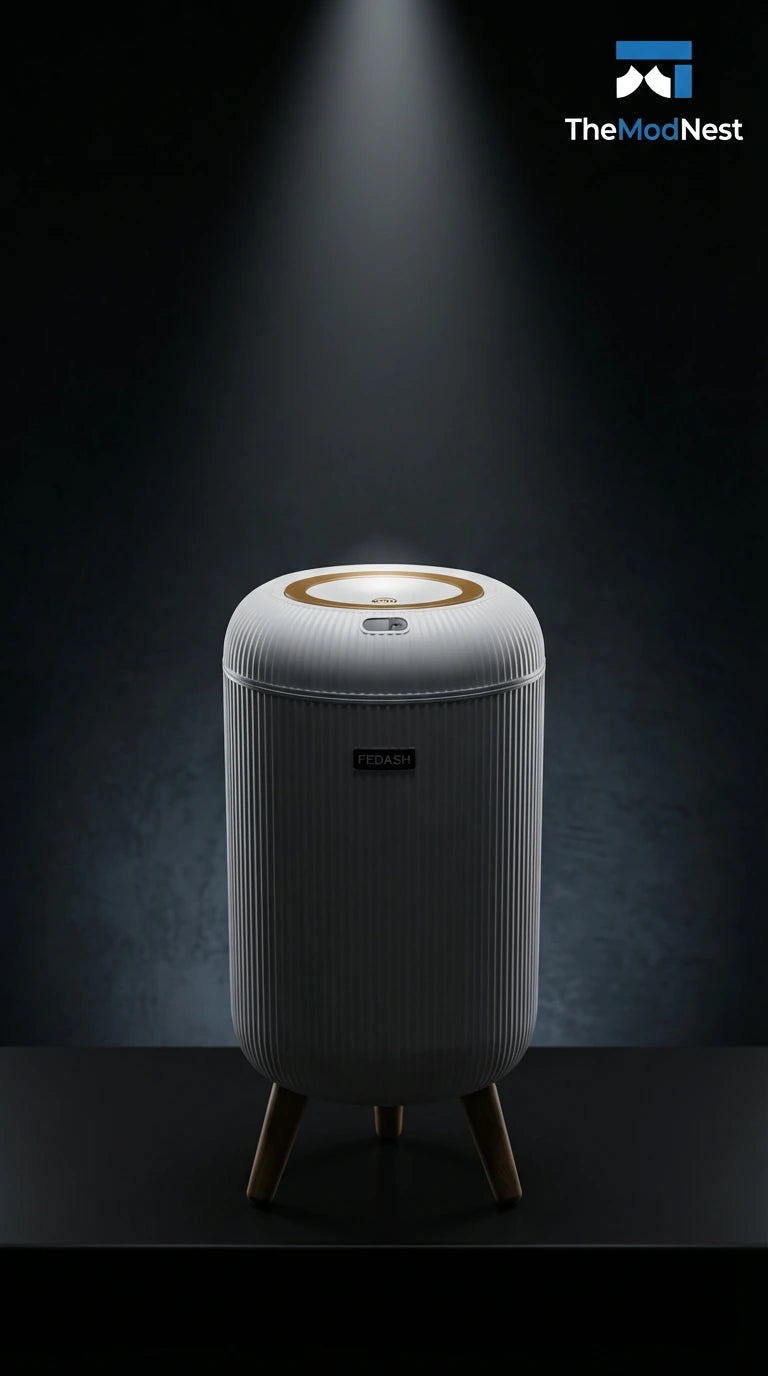 White cylindrical product with wooden accents on a dark background, featuring 'TheModNest' logo.