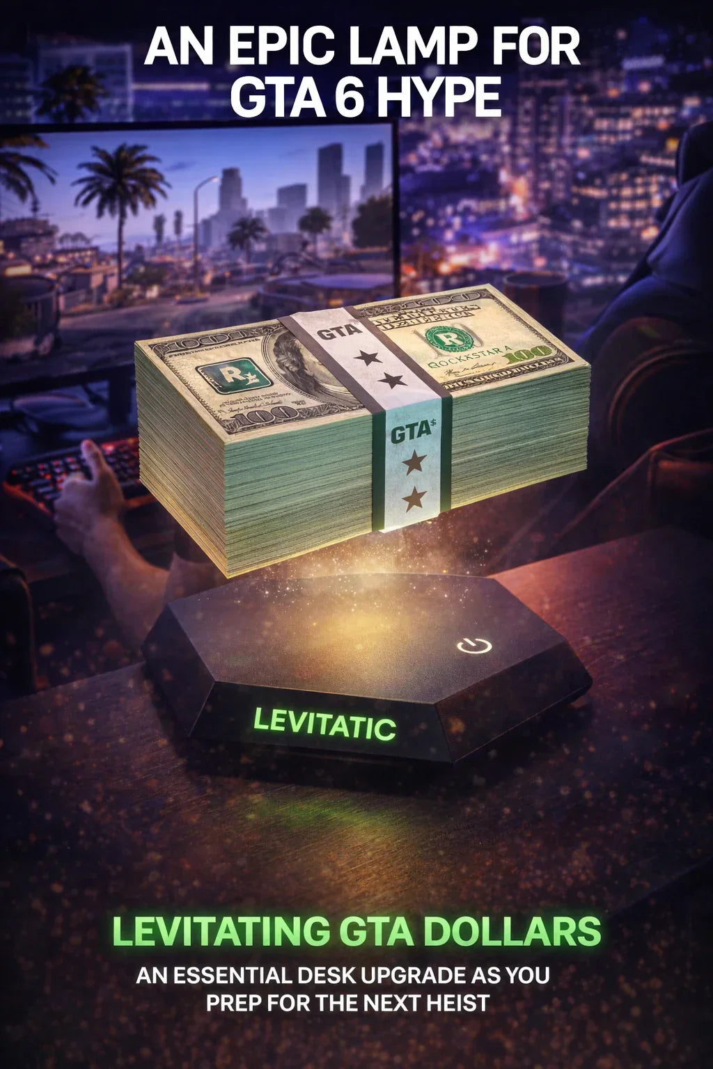 Levitating GTA dollars desk lamp with glowing base, perfect for gaming setup and GTA 6 hype