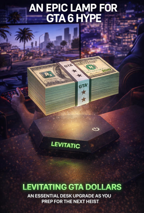 Levitating stack of GTA dollars with 'LEVITATING GTA DOLLARS' text on a desk, set against a cityscape background.