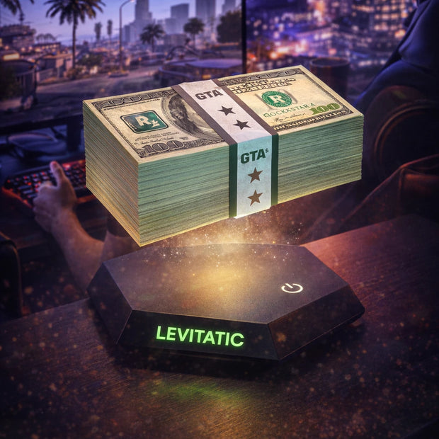 Levitating stack of GTA dollars with 'LEVITATING GTA DOLLARS' text on a desk, set against a cityscape background.