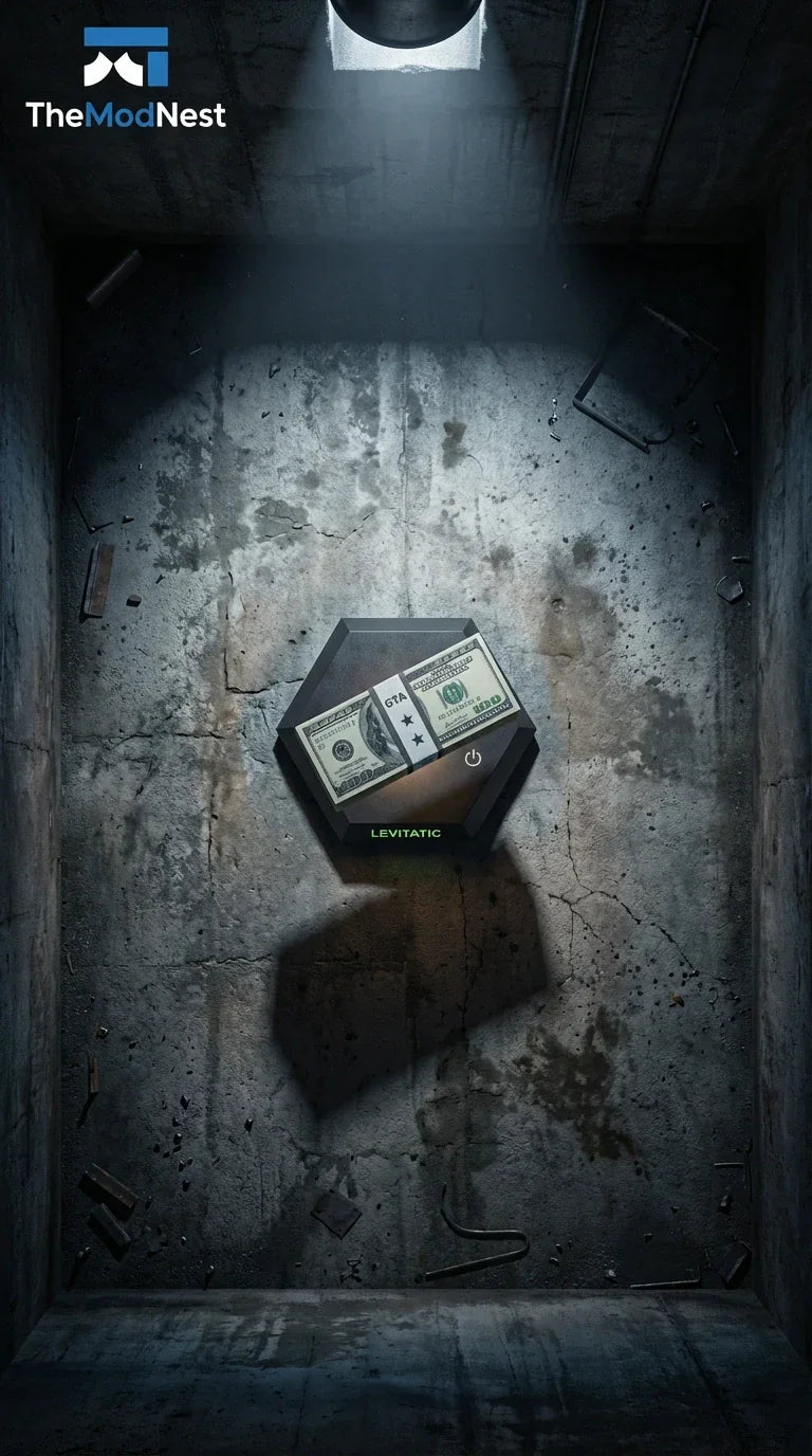 Levitating money stack on modern hexagonal device in dim concrete room, smart home tech