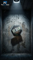 Levitating money stack on modern hexagonal device in dim concrete room, smart home tech