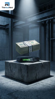 Levitating cash stack on futuristic device in industrial setting, glowing 'LEVITATIC' label